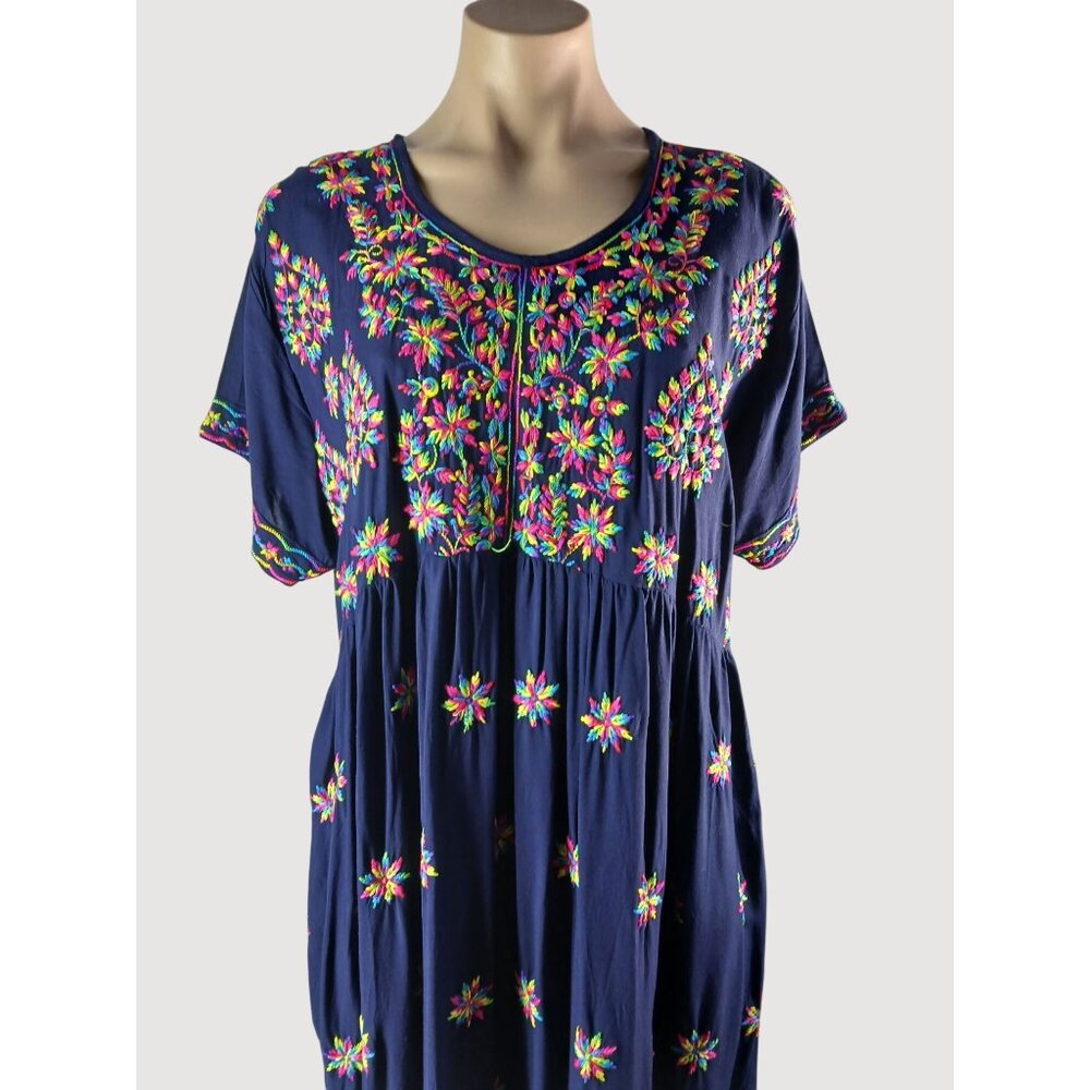 Ganesha Collection Navy Blue Embroidered Dress XXL 100% Viscose India Travel - Picture 2 of 14